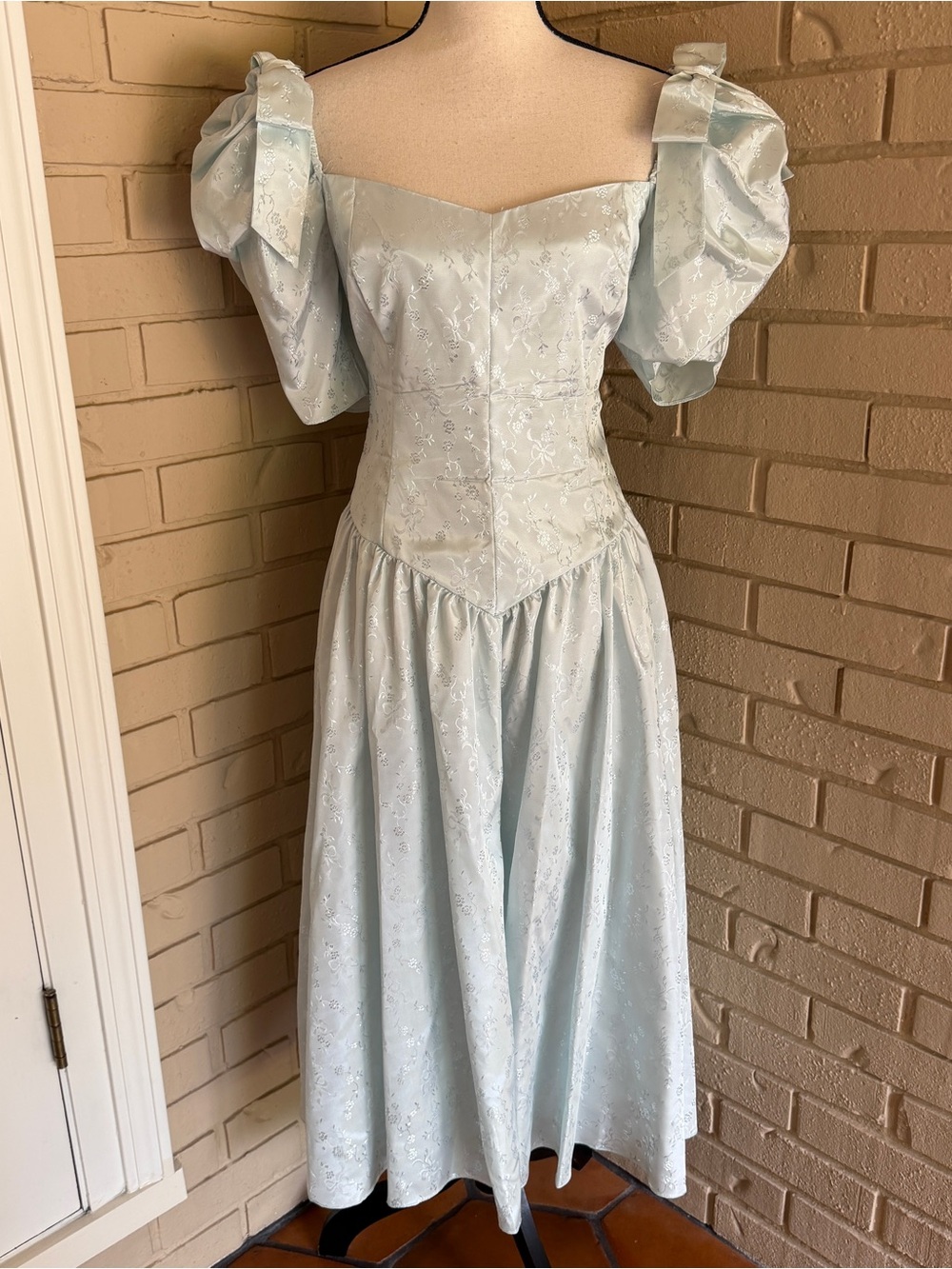 Vintage 80s Prom Party Tea Dress Midi Aqua Taffeta Bows Drop Basque Waist 9/10